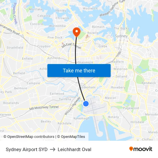 Sydney Airport SYD to Leichhardt Oval map