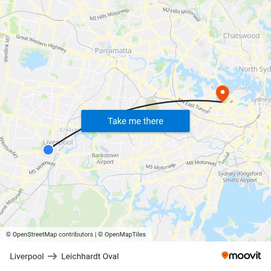 Liverpool to Leichhardt Oval map