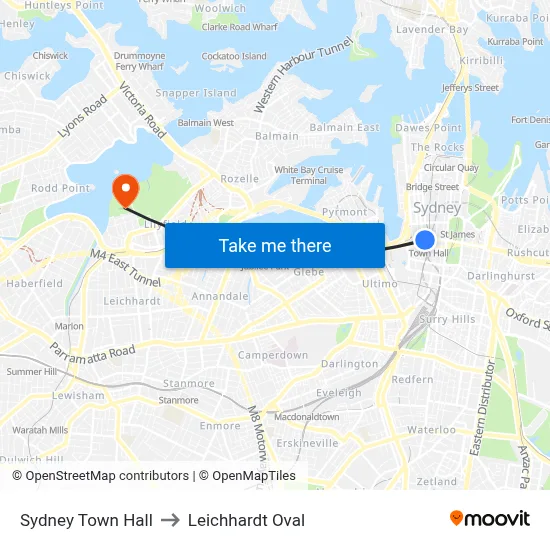 Sydney Town Hall to Leichhardt Oval map