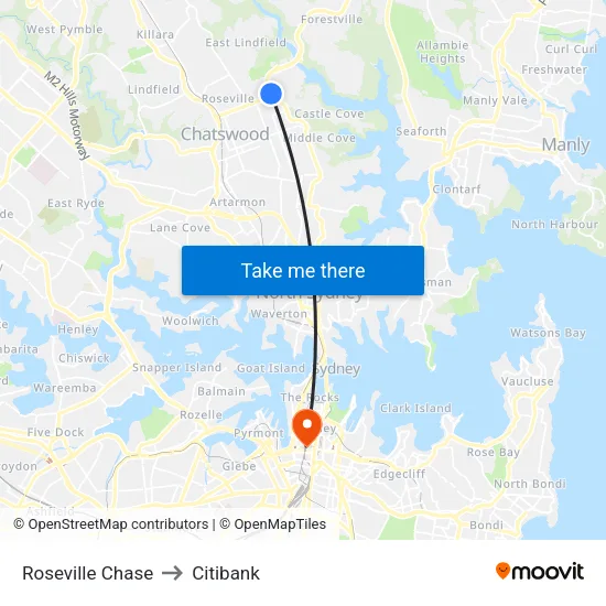 Roseville Chase to Citibank map