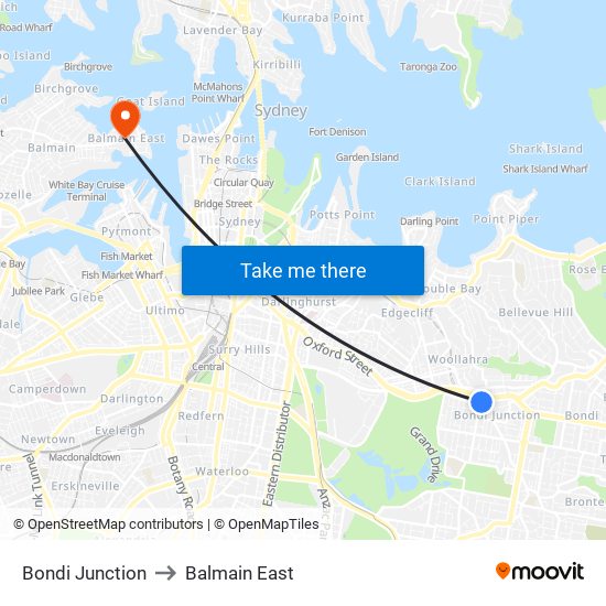 Bondi Junction to Balmain East map