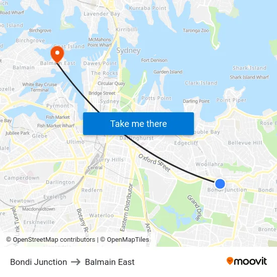 Bondi Junction to Balmain East map
