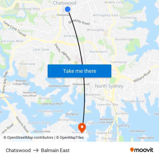 Chatswood to Balmain East map