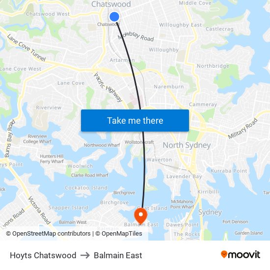 Hoyts Chatswood to Balmain East map