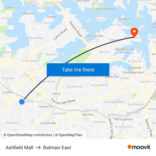 Ashfield Mall to Balmain East map