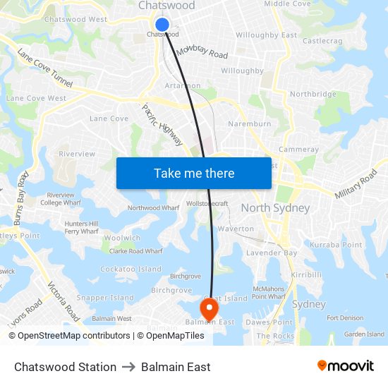 Chatswood Station to Balmain East map