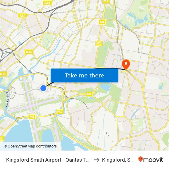 Kingsford Smith Airport - Qantas Terminal to Kingsford, Smith map