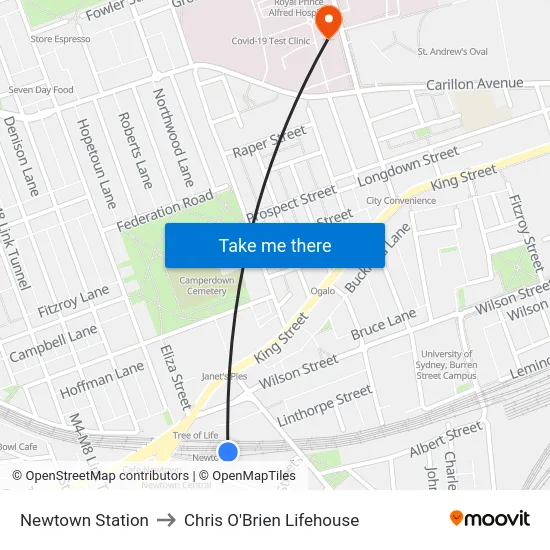 Newtown Station to Chris O'Brien Lifehouse map