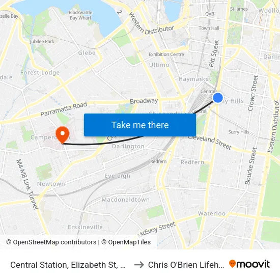 Central Station, Elizabeth St, Stand E to Chris O'Brien Lifehouse map