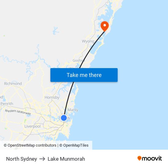 North Sydney to Lake Munmorah map