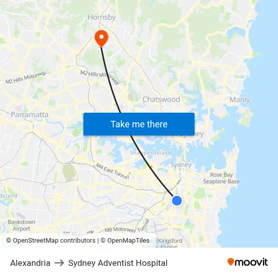 Alexandria to Sydney Adventist Hospital map