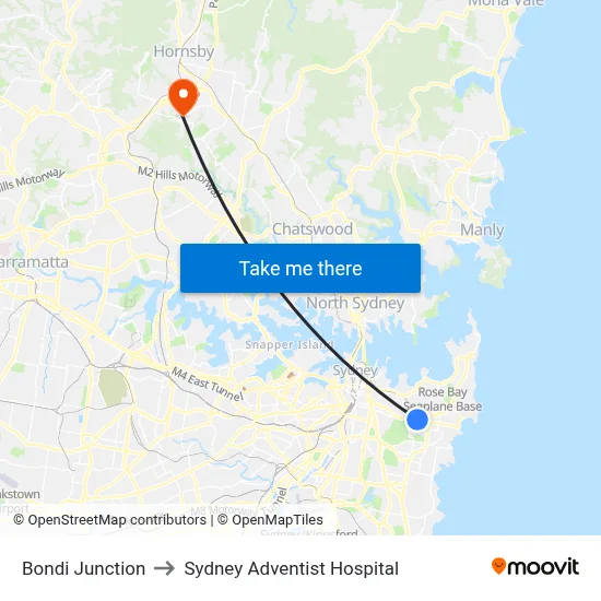 Bondi Junction to Sydney Adventist Hospital map