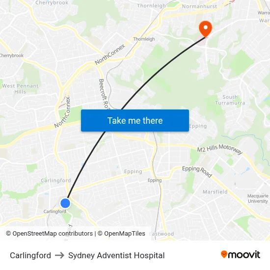 Carlingford to Sydney Adventist Hospital map