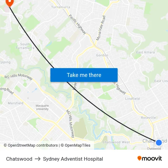 Chatswood to Sydney Adventist Hospital map
