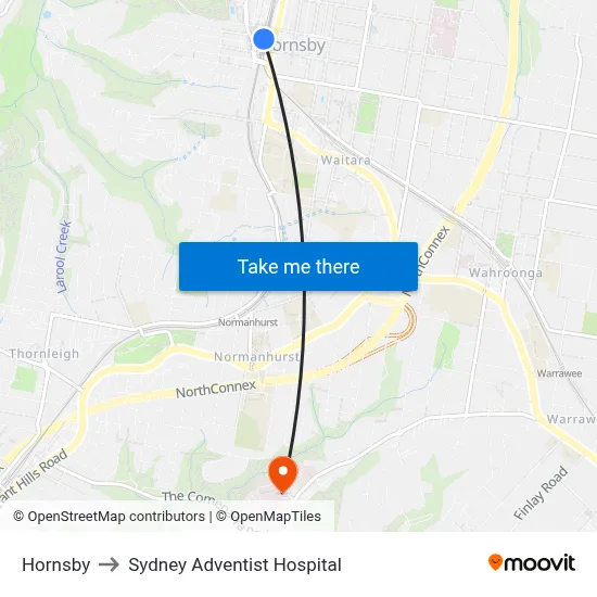 Hornsby to Sydney Adventist Hospital map