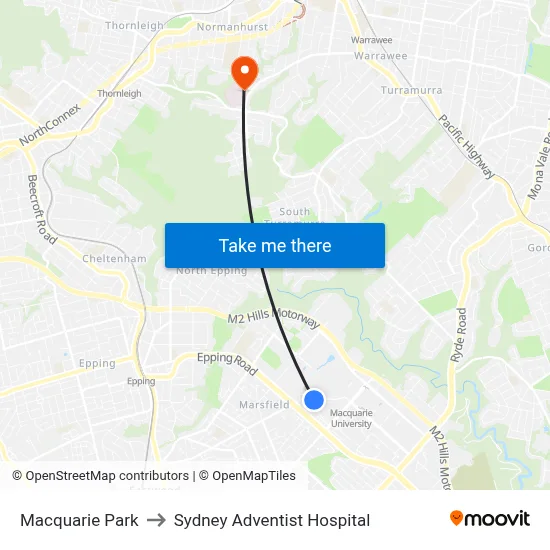 Macquarie Park to Sydney Adventist Hospital map