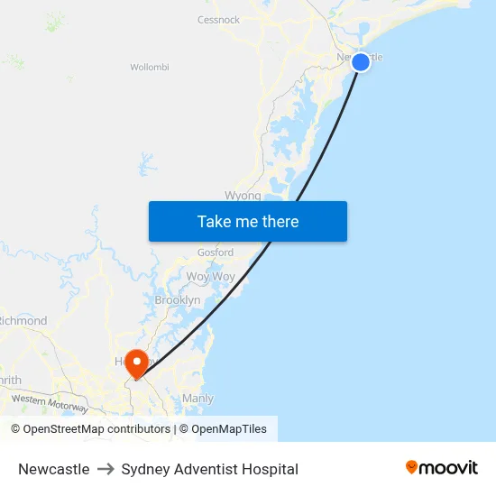 Newcastle to Sydney Adventist Hospital map