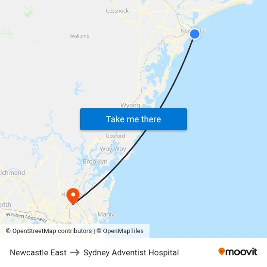 Newcastle East to Sydney Adventist Hospital map