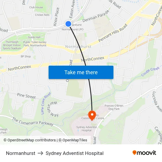 Normanhurst to Sydney Adventist Hospital map
