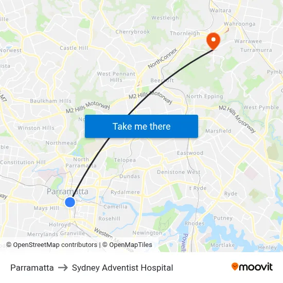 Parramatta to Sydney Adventist Hospital map