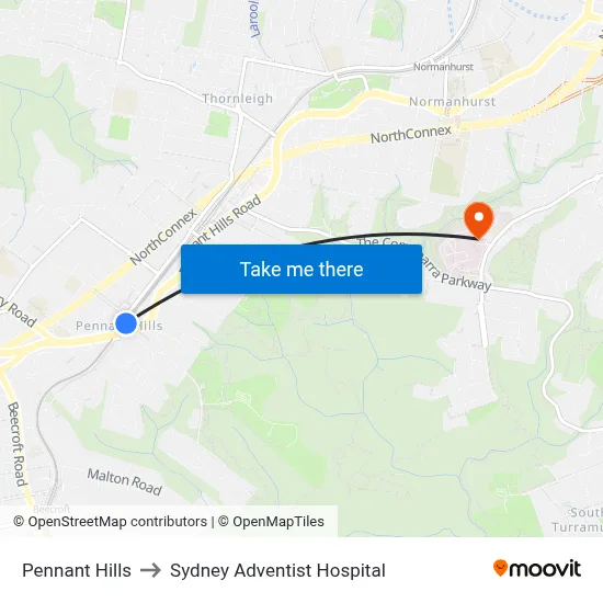 Pennant Hills to Sydney Adventist Hospital map