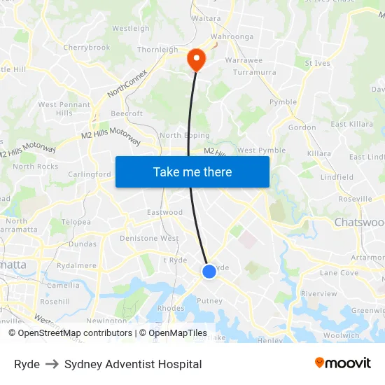 Ryde to Sydney Adventist Hospital map