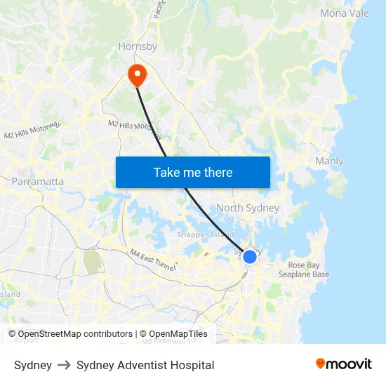 Sydney to Sydney Adventist Hospital map