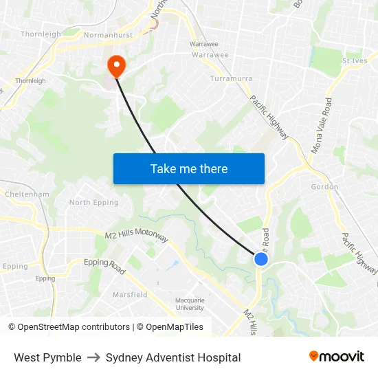 West Pymble to Sydney Adventist Hospital map