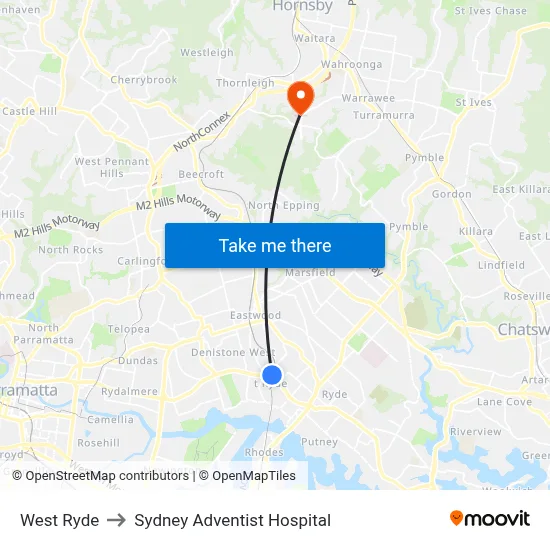 West Ryde to Sydney Adventist Hospital map