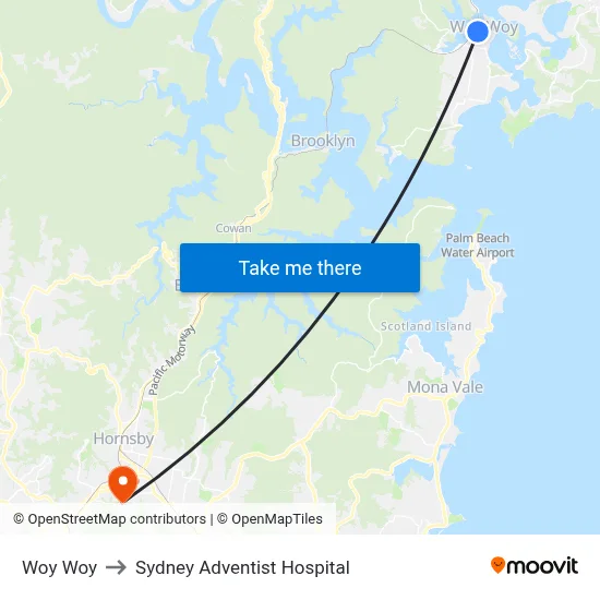 Woy Woy to Sydney Adventist Hospital map