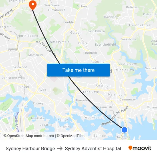Sydney Harbour Bridge to Sydney Adventist Hospital map
