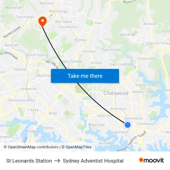 St Leonards Station to Sydney Adventist Hospital map