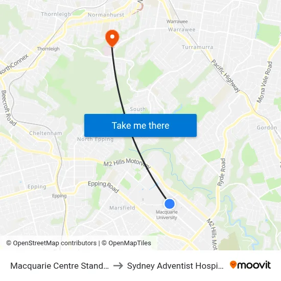 Macquarie Centre Stand A to Sydney Adventist Hospital map