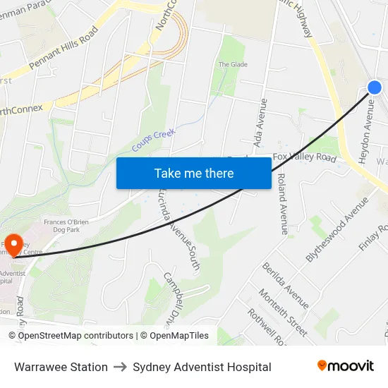 Warrawee Station to Sydney Adventist Hospital map