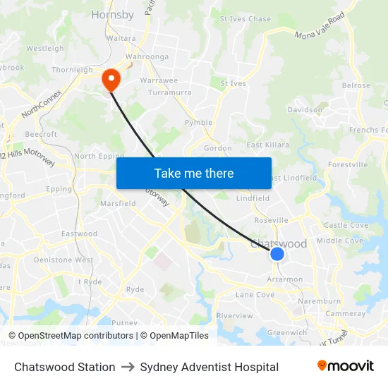 Chatswood Station to Sydney Adventist Hospital map