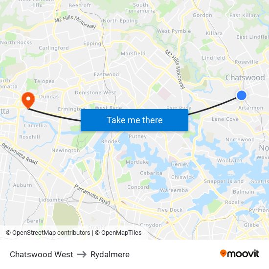 Chatswood West to Rydalmere map