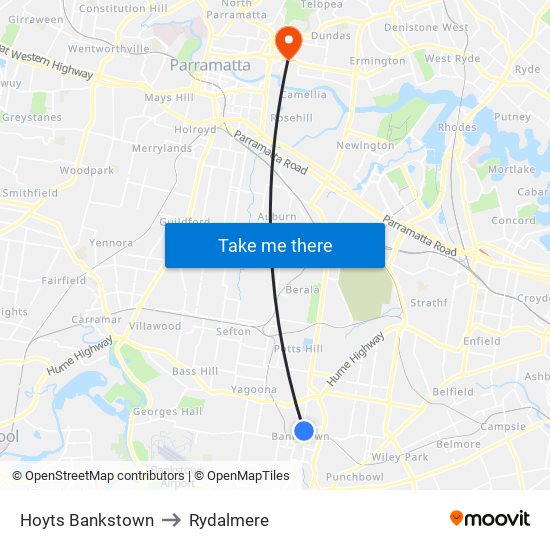Hoyts Bankstown to Rydalmere map