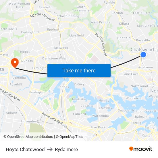 Hoyts Chatswood to Rydalmere map