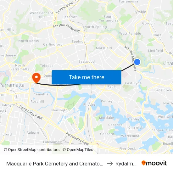 Macquarie Park Cemetery and Crematorium to Rydalmere map