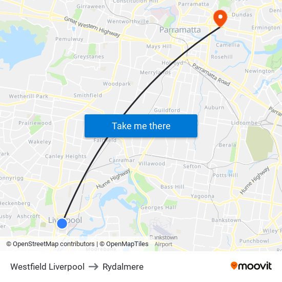 Westfield Liverpool to Rydalmere map