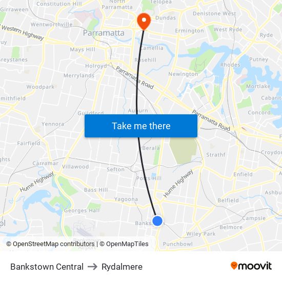 Bankstown Central to Rydalmere map