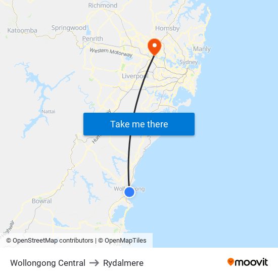 Wollongong Central to Rydalmere map