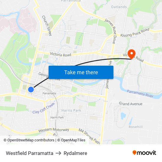 Westfield Parramatta to Rydalmere map