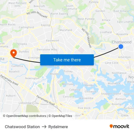Chatswood Station to Rydalmere map