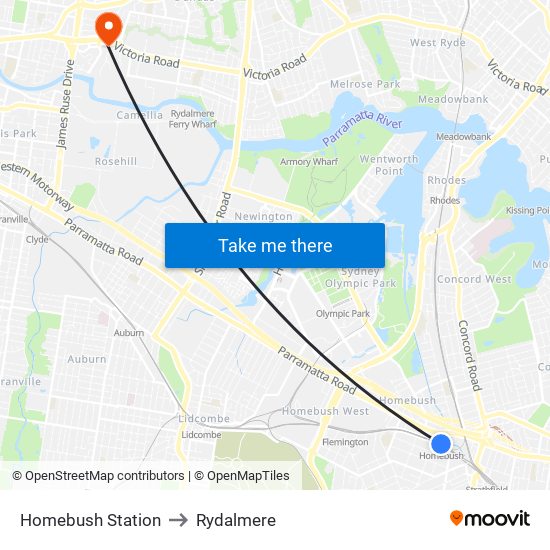 Homebush Station to Rydalmere map