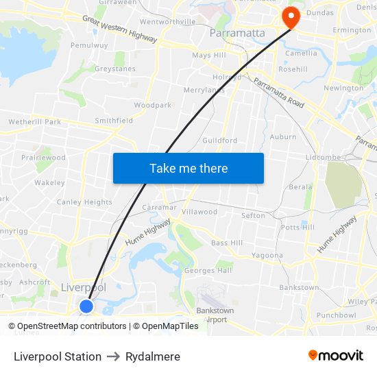 Liverpool Station to Rydalmere map