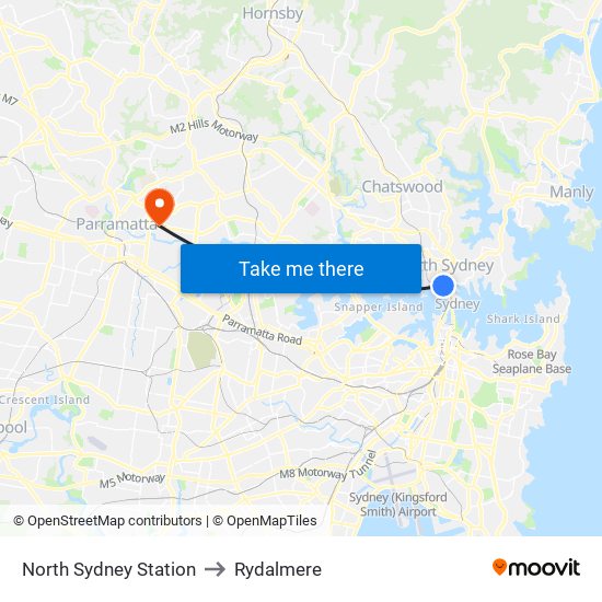 North Sydney Station to Rydalmere map