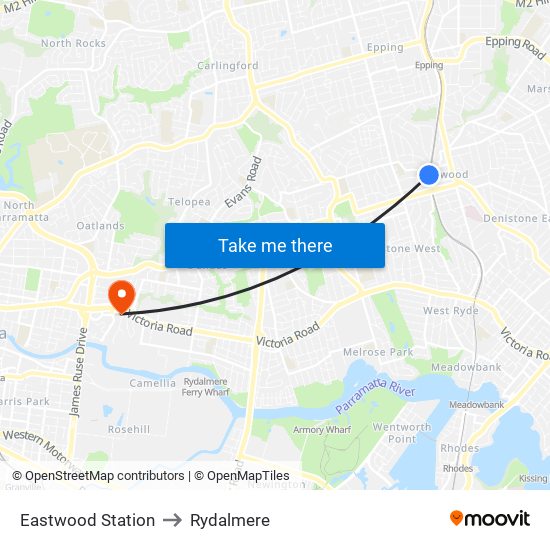 Eastwood Station to Rydalmere map