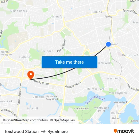 Eastwood Station to Rydalmere map