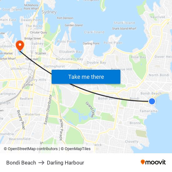 Bondi Beach to Darling Harbour map